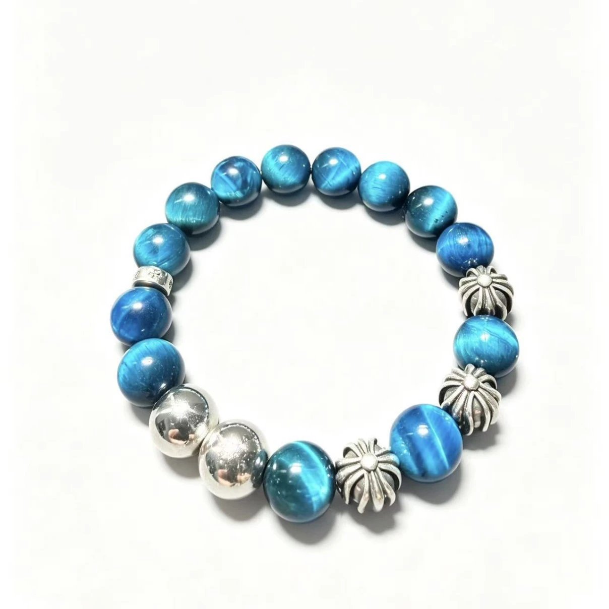 Blue Tiger Eye Silver Beaded Stretch Bracelet