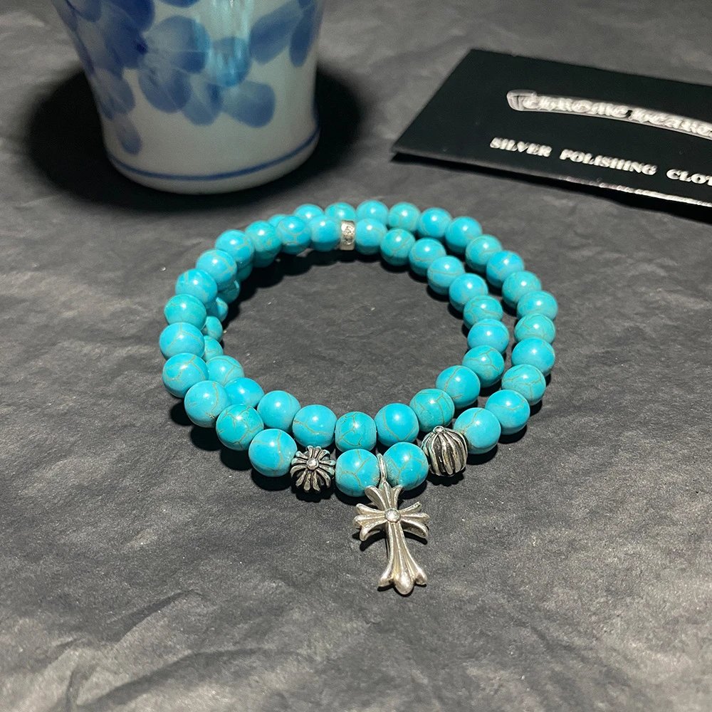Turquoise Beaded Silver Cross Charm Bracelet