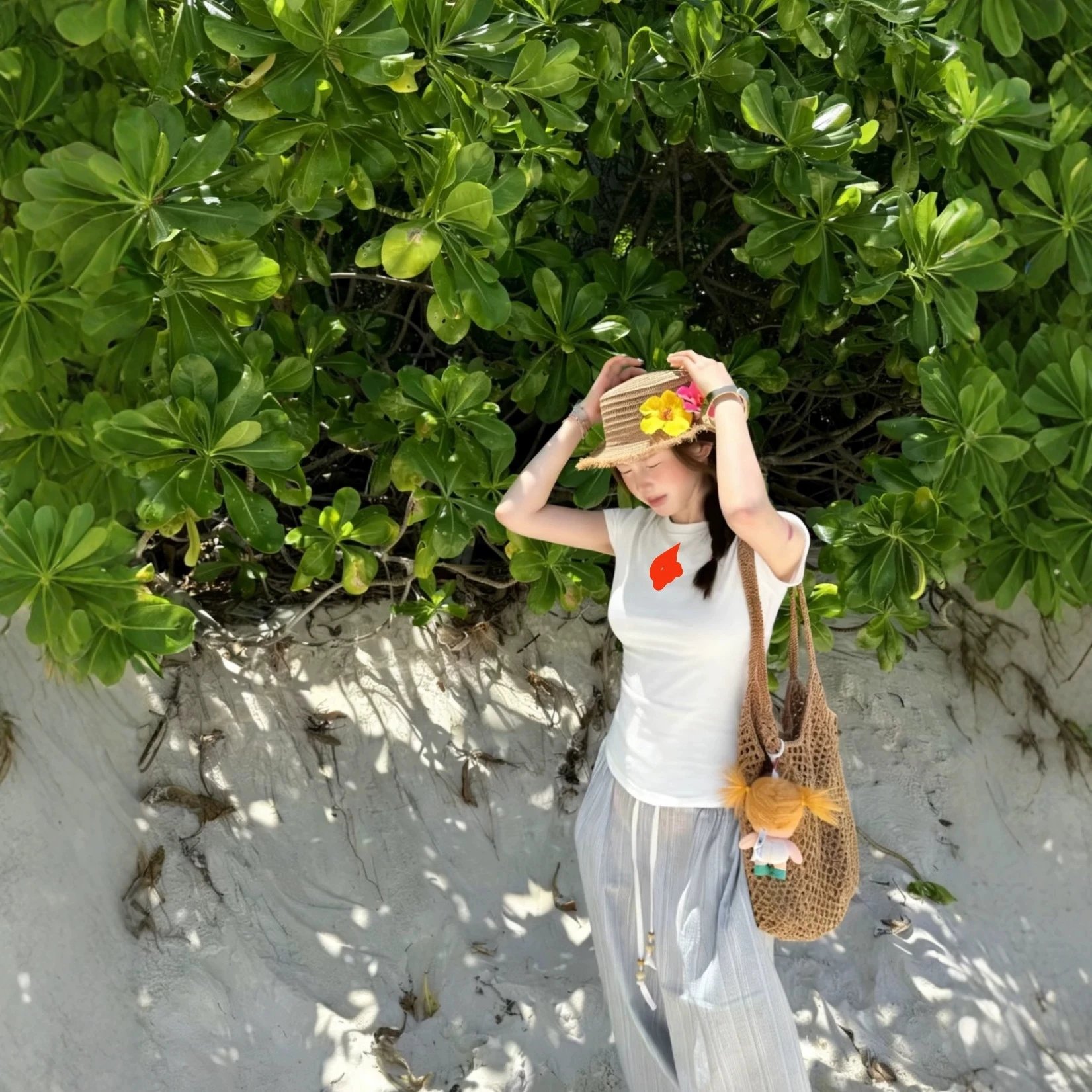 Straw Floral Hat Beige Beach Style