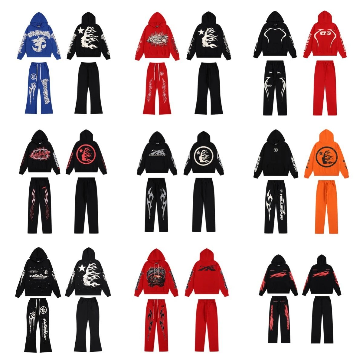 Hellstar Hoodie Set Black Flame Print Casual Wear