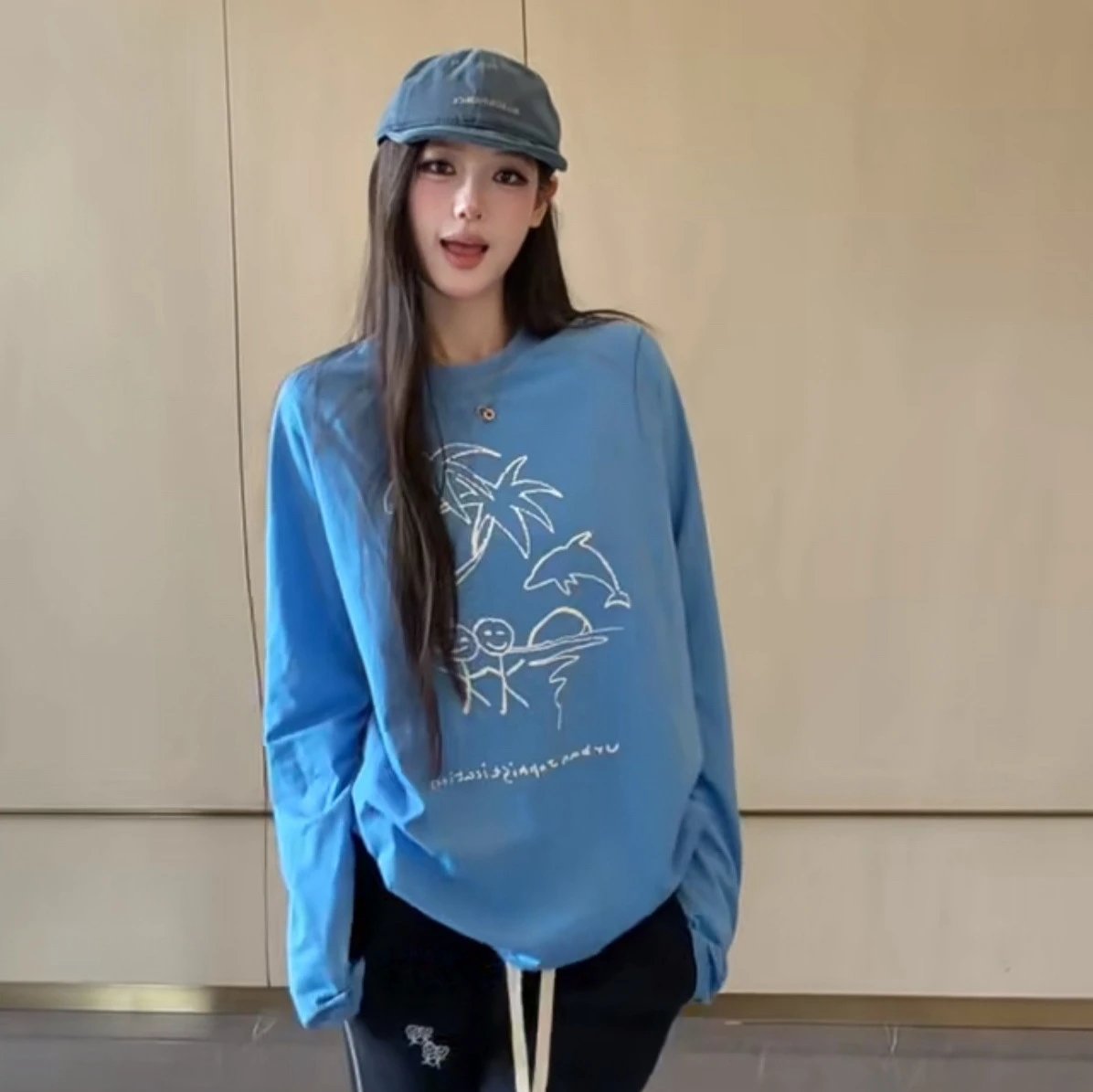 Blue Long Sleeve Graphic T-Shirt Casual
